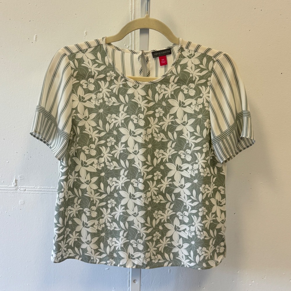 Vince Camuto Floral Striped Mixed Media Blouse Sage Green White XXS 9129103